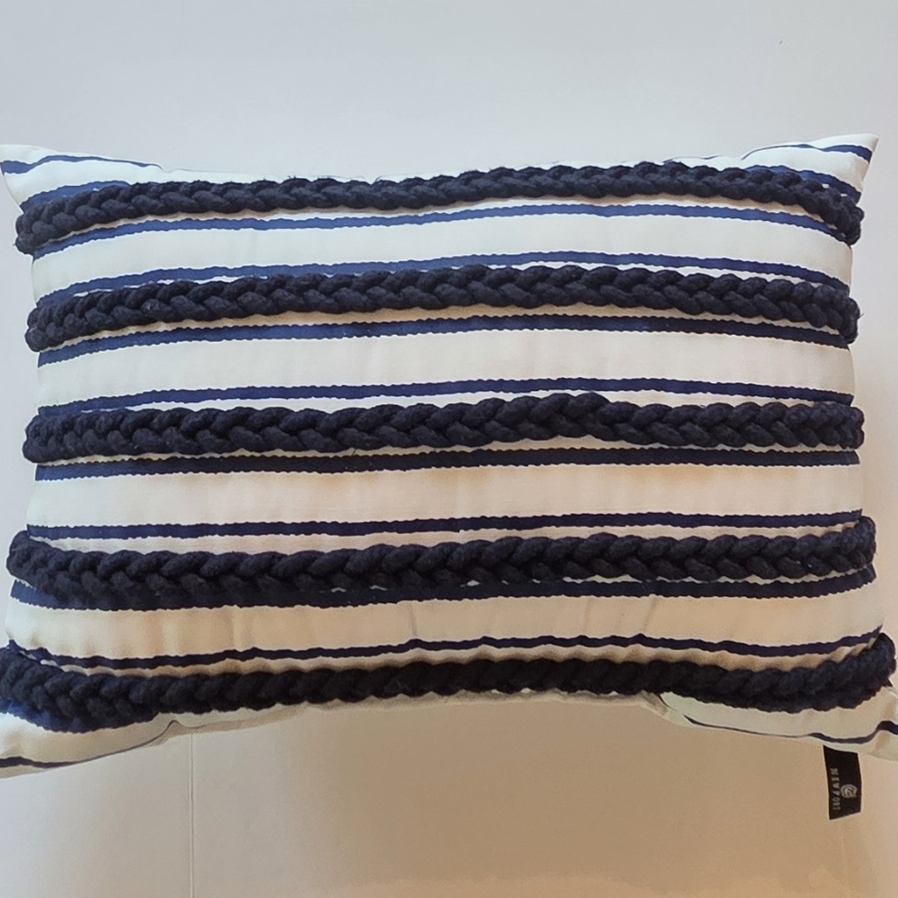 Newport Striped Blue and White Pillow with Navy Roping Indoor& Outdoor
